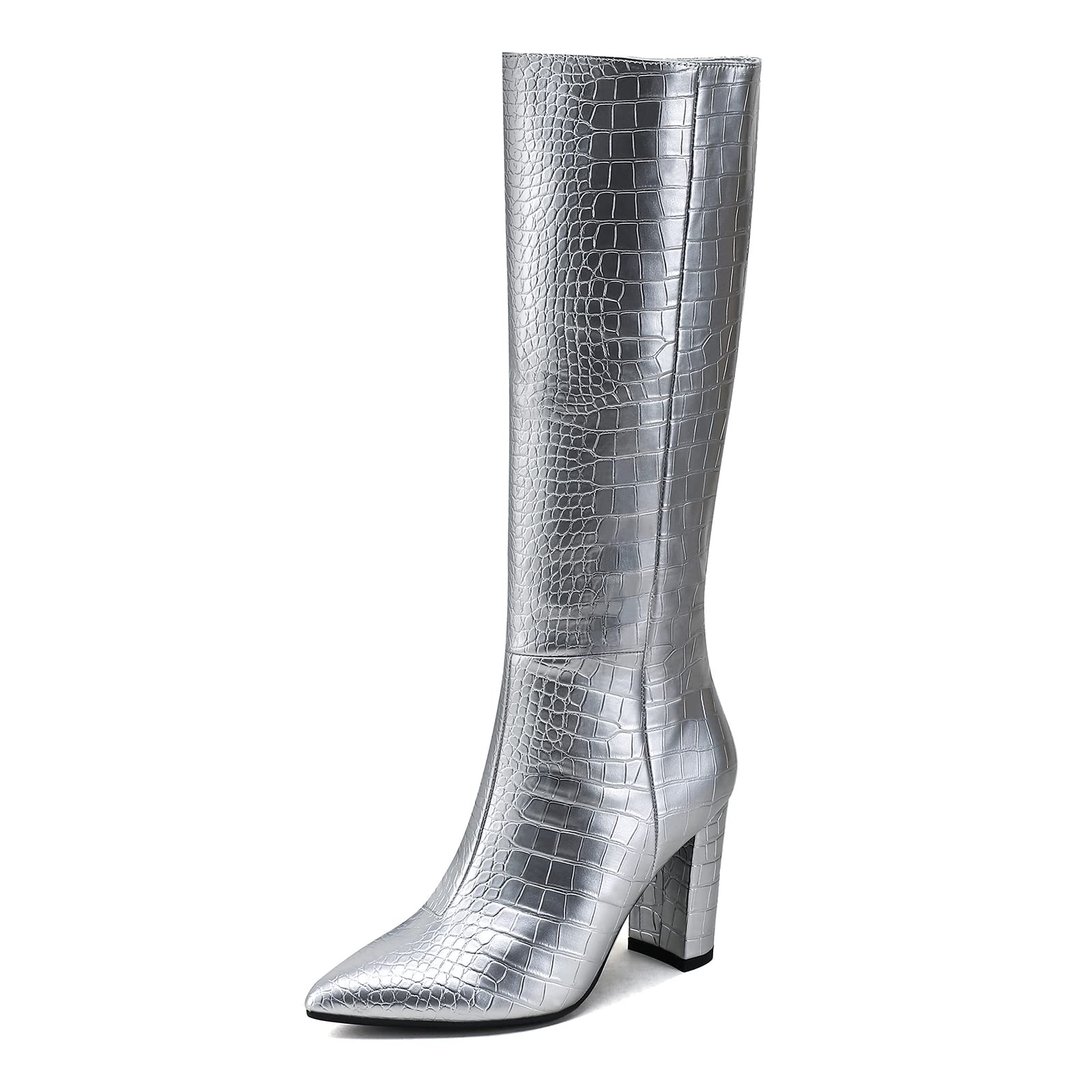 Silver faux crocodile leather boots with block heel